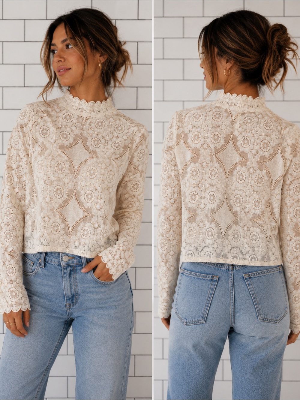 Ivory Floral Lace Mock Neck Long Sleeve Top Sheer Scallop Coquette Cottagecore S